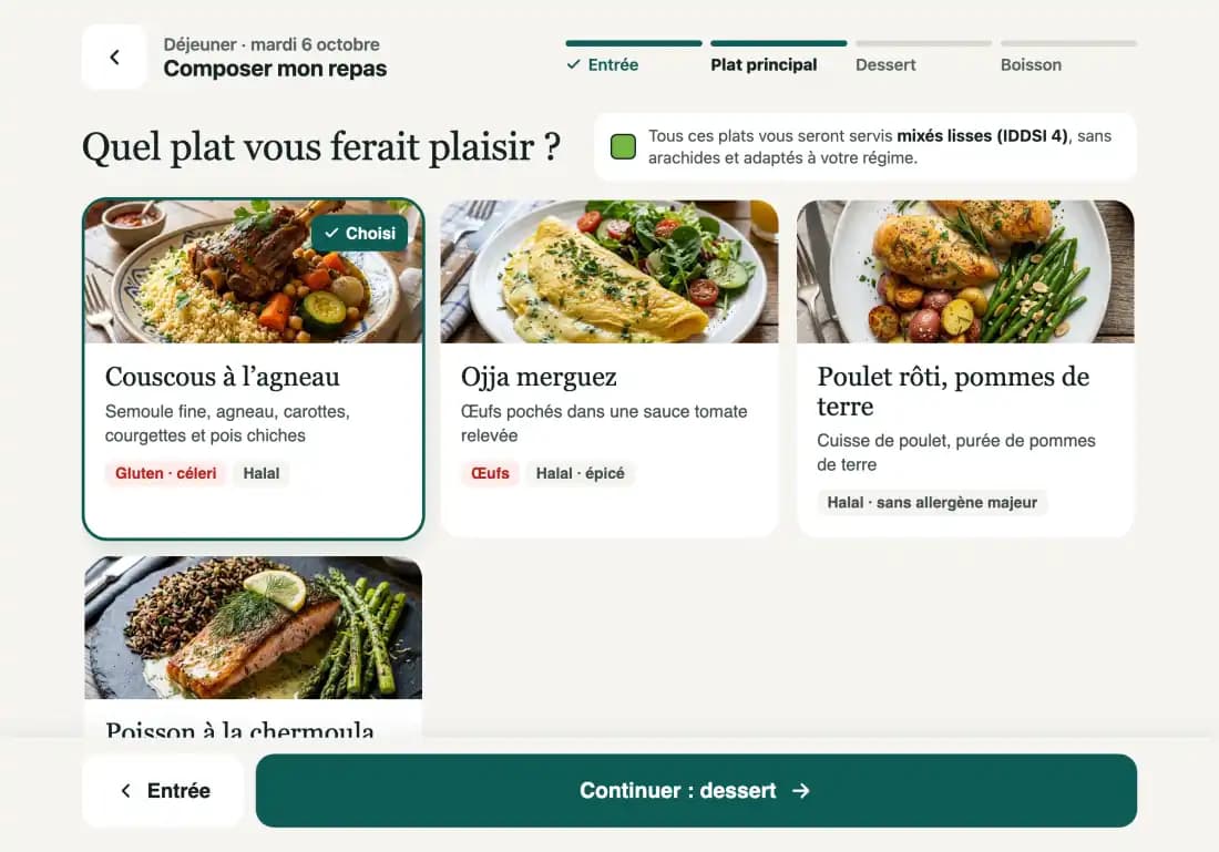 Application patient SemoRepas : choix du plat principal sur tablette, avec photos, allergènes et texture adaptée